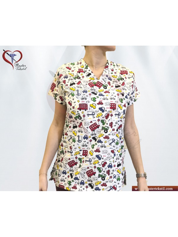 Araba Desenli Beyaz Forma&hellip;