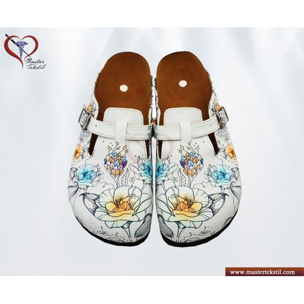 Çiçek Desenli Beyaz Sabo Terlik